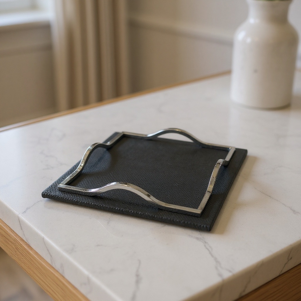 Plateau en cuir et métal - Noir