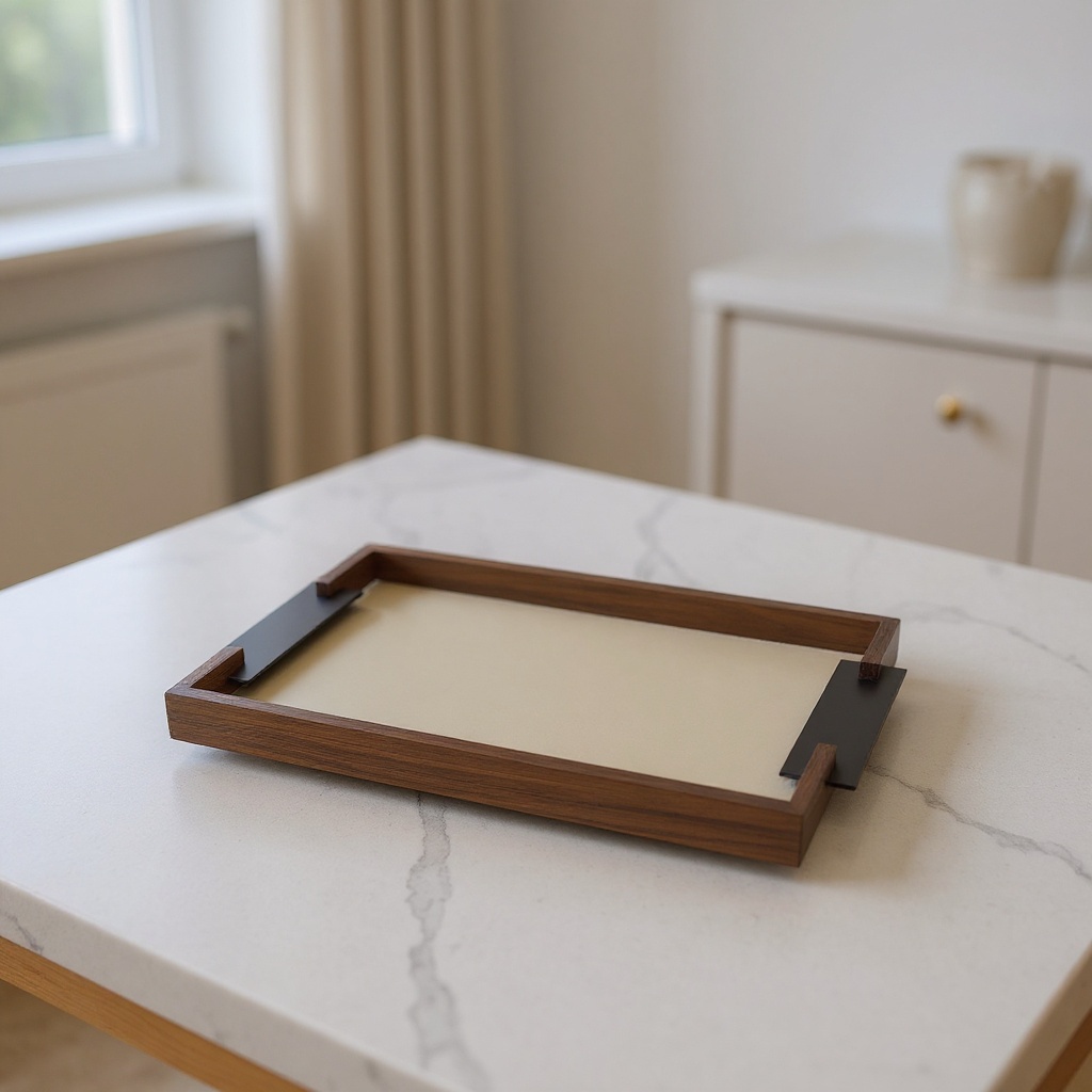 Plateau en bois, cuir et métal noir