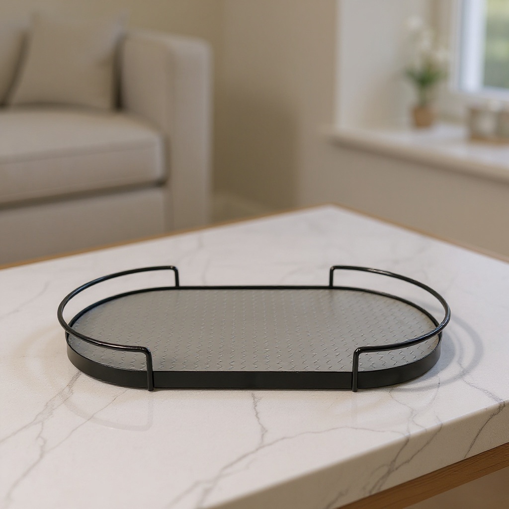 Plateau noir et gris en métal et cuir