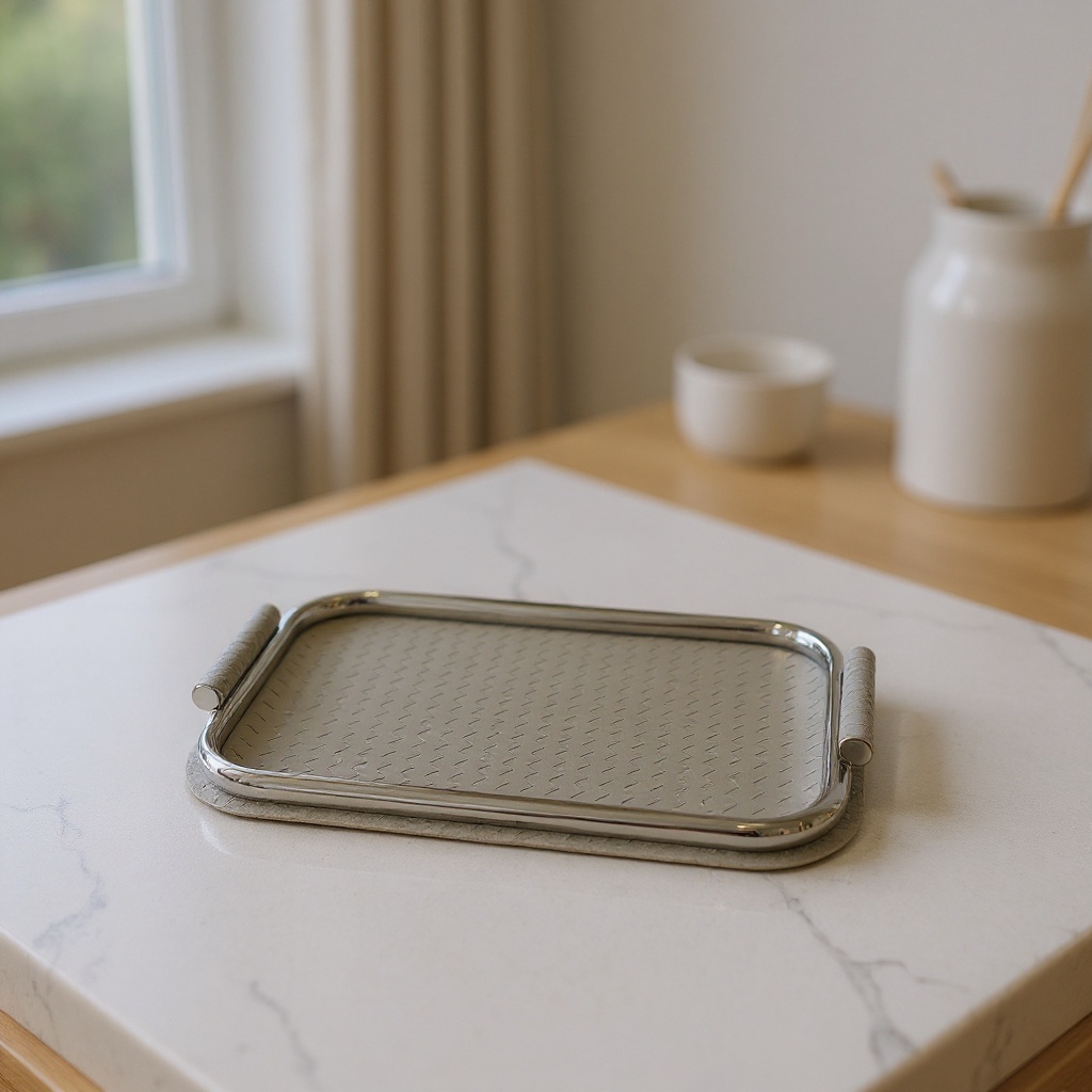 Plateau en inox et cuir - Blanc